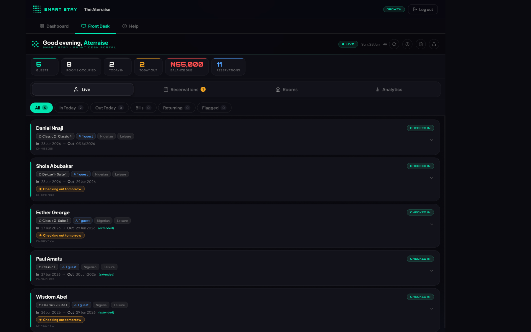 Smart Stay front desk — guest list, room status and balances on one screen